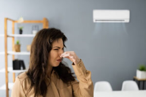 A woman holding her nose in a home due to a bad smell coming from an indoor AC unit.